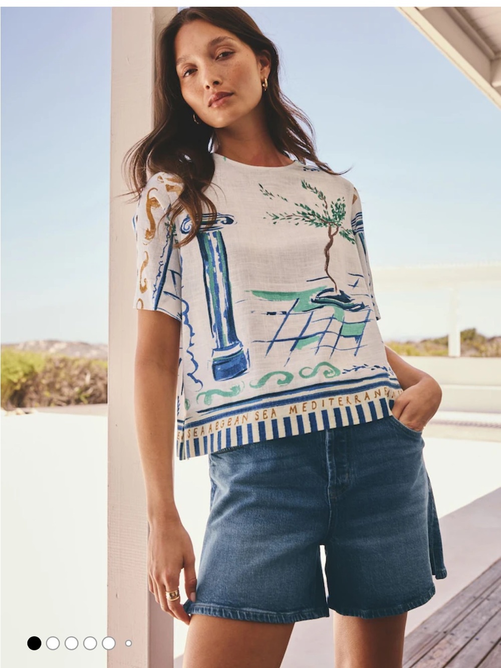 NEXT White Short Sleeve Linen Blend Top with Blue & Green Mediterranean Motif 8P